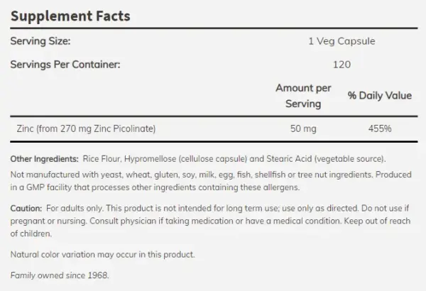 NOW Zinc Picolinate 50 mg / 60 Vcaps - Image 2