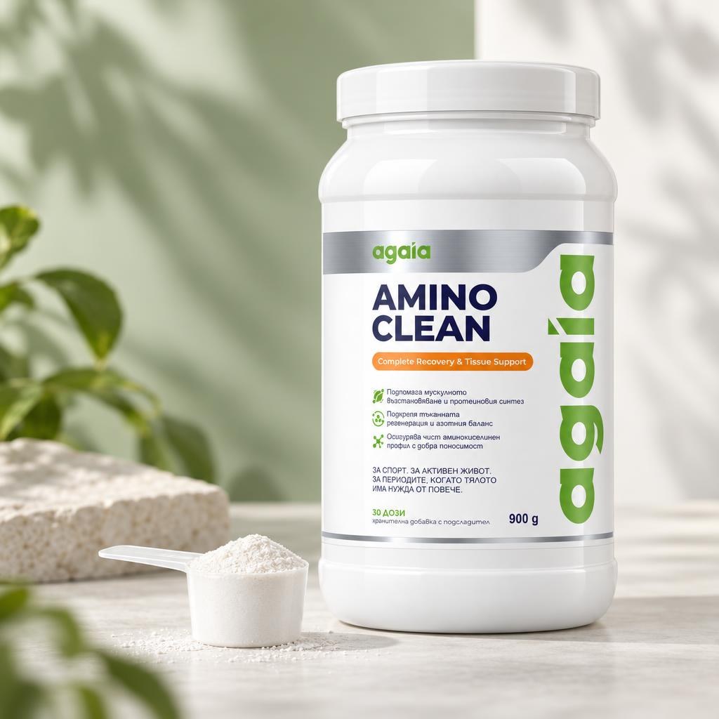 Малка мерителна лъжица с прах Amino Clean пред опаковката