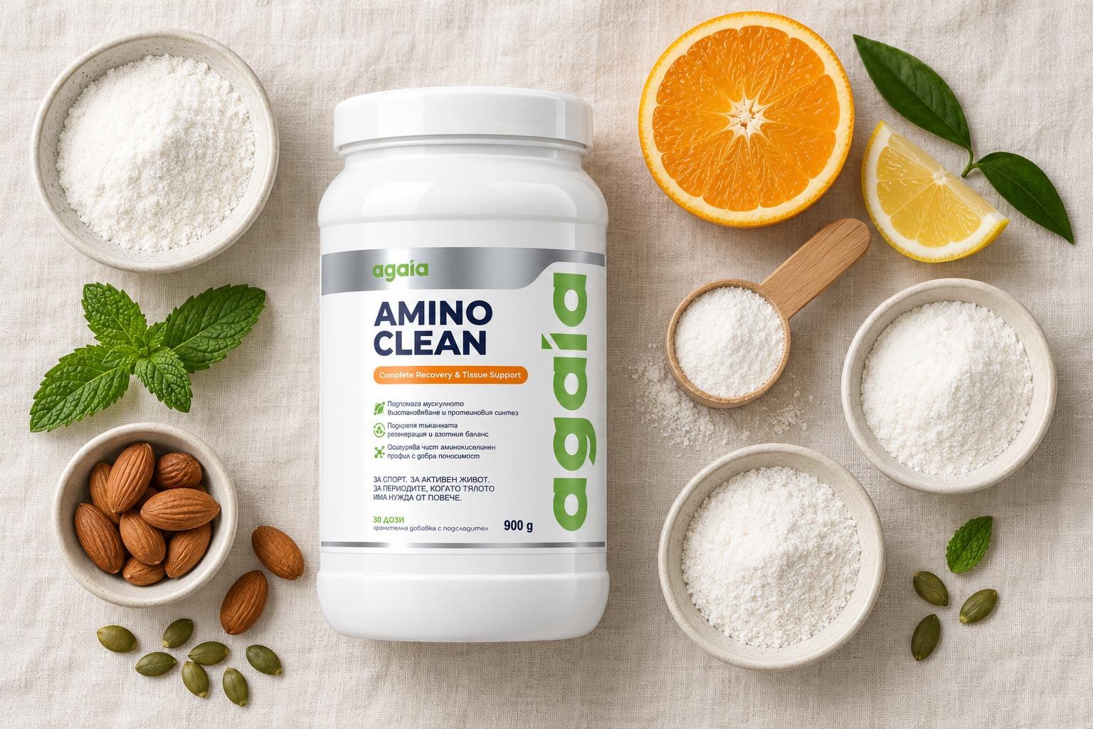Amino Clean със съставки: аминокиселини на прах, колаген, цитрус